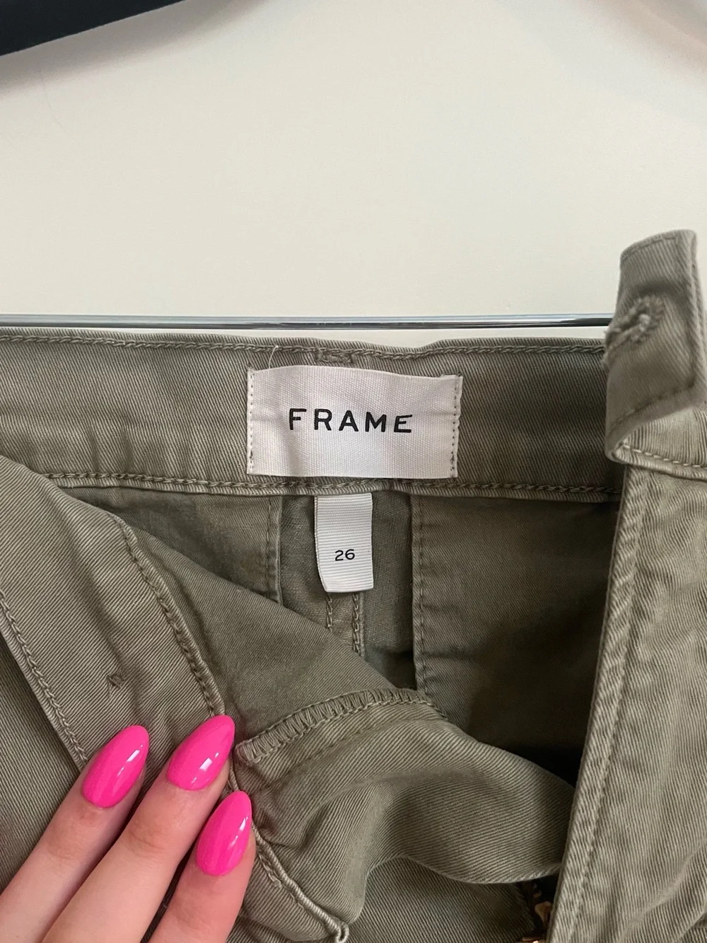 Frame Denim Olive Skinny Pants with Red & White Side Stripes